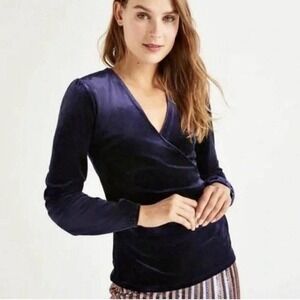 Boden Ellie Faux Wrap Top Women Size 6 Small Navy Blue Velvet Ruched Long Sleeve